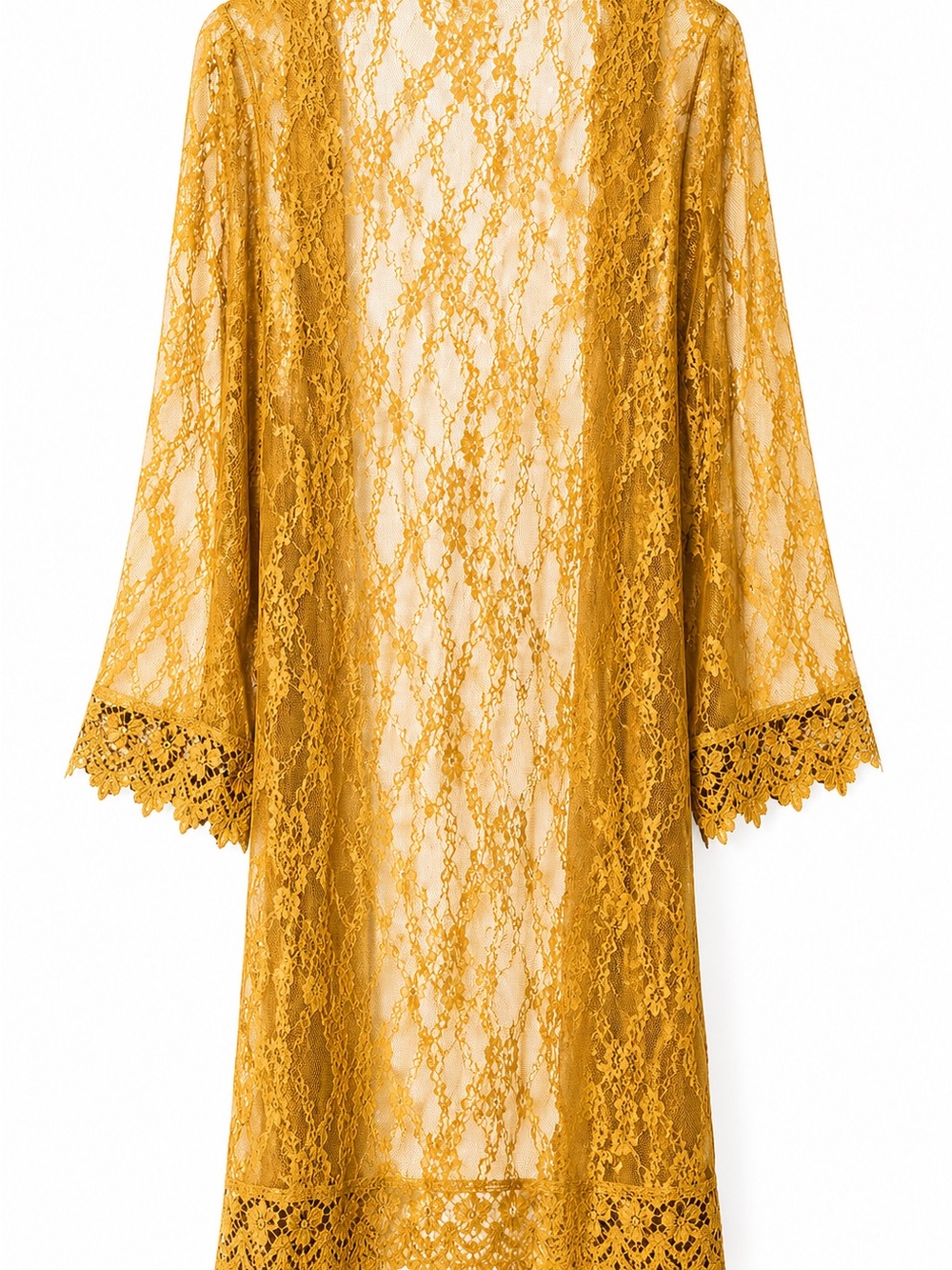 Polly & Esther Boho Lace Kimono Duster S | Gold Sheer Cardigan Longline Cover Up - Picture 3 of 6